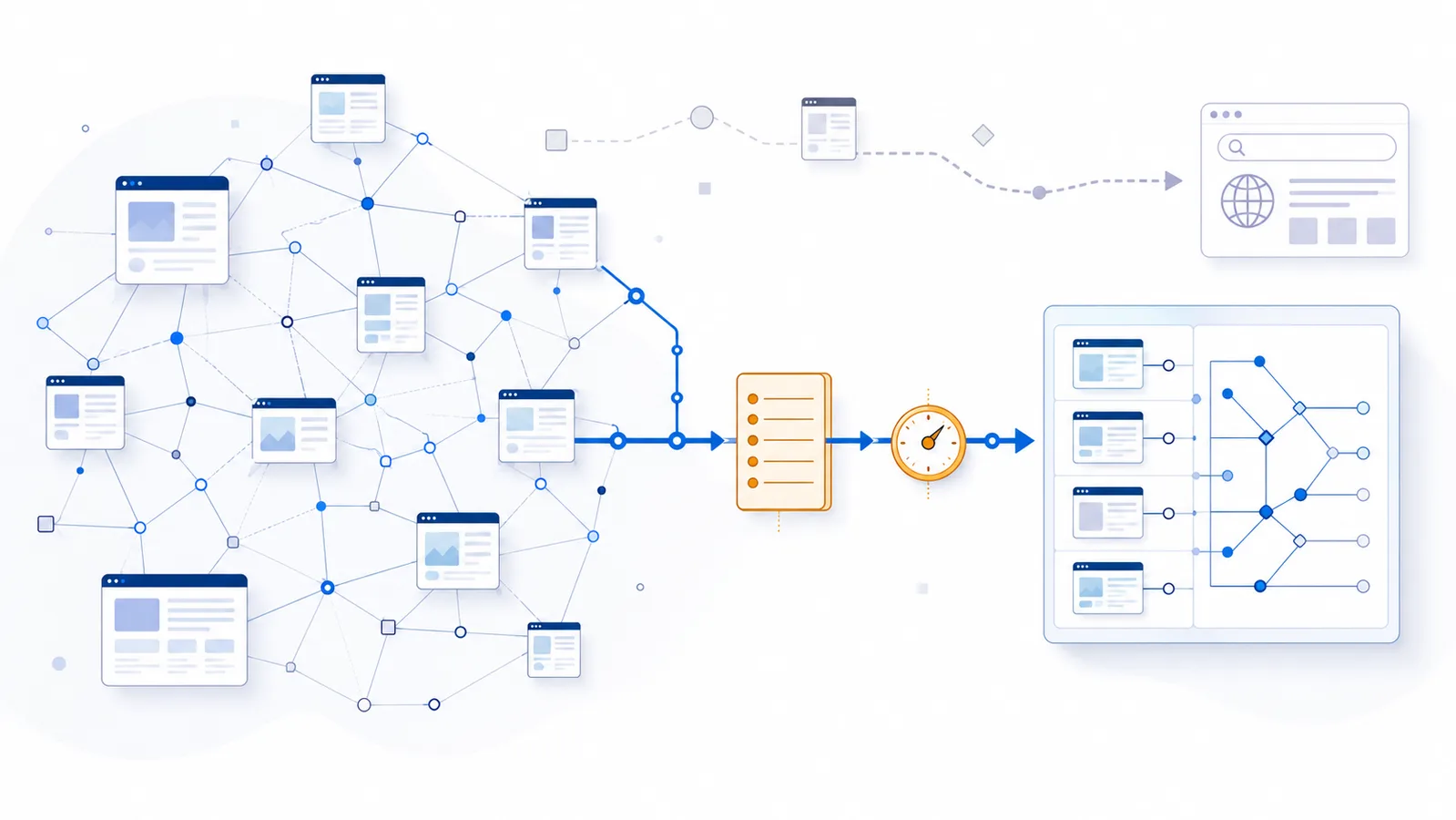 Website link graph feeding an Ahrefs-style backlink index through a controllable crawler route