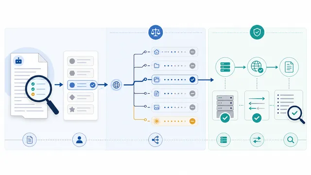 Diagnostic flow checking a crawler token, URL rule match, server response, and access logs