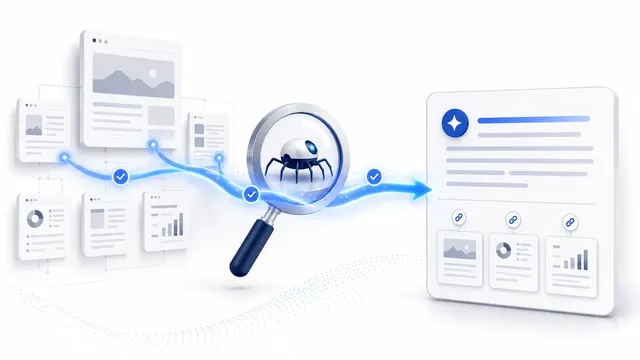 AI search crawler discovering public website pages and carrying cited sources into a search answer